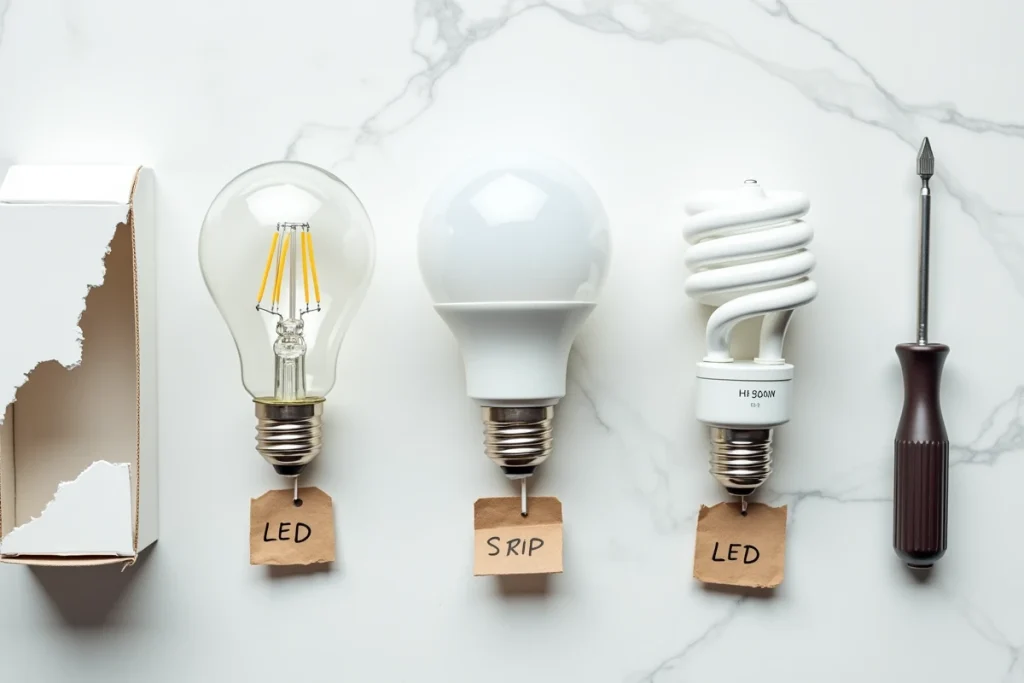 Comparaison de culots de petites ampoules à vis incandescente, fluorescente et LED sur un plan de travail en marbre