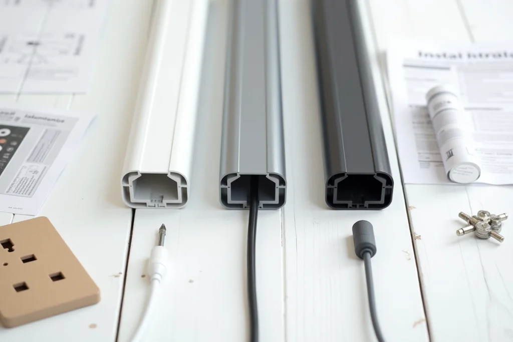 Comparatif de trois modèles de goulottes avec prises intégrées posés à plat sur une table d'atelier
