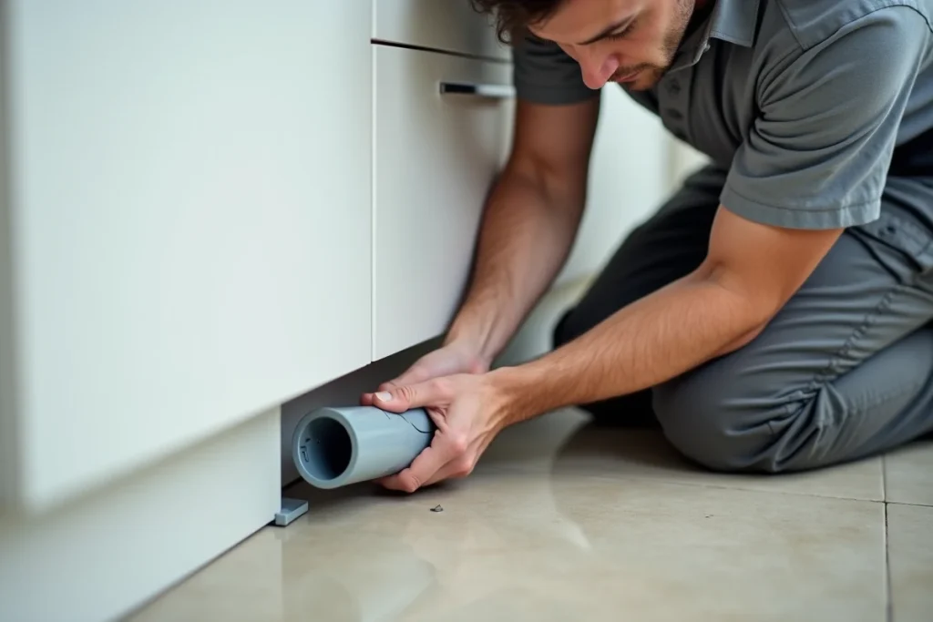 Électricien installant une goulotte avec prise de courant intégrée le long d'un meuble de cuisine