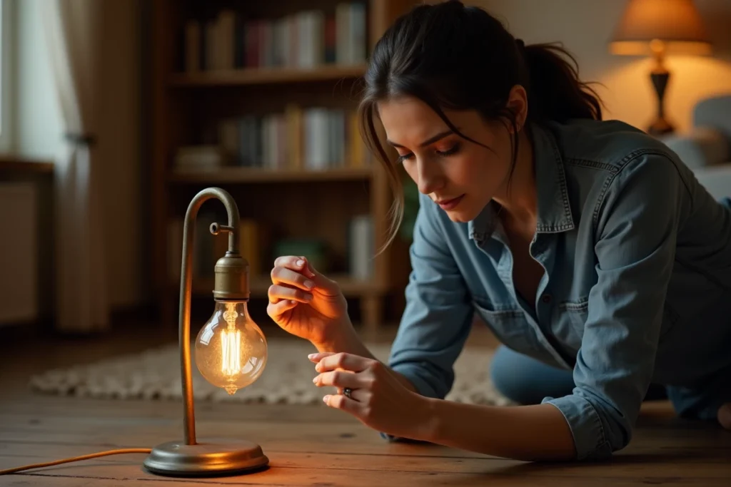Femme remplaçant une ancienne ampoule à vis sur un lampadaire vintage dans un salon