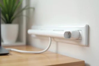 Goulotte PVC blanche avec prise intégrée installée sur un mur de bureau moderne à hauteur de plan de travail
