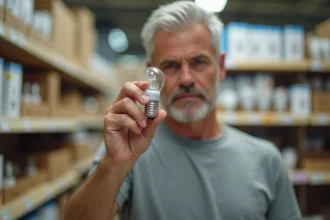 Homme examinant une petite ampoule à culot à vis E14 dans un rayon de quincaillerie