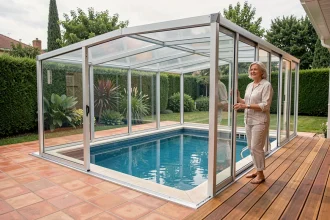 Abri de piscine amovible en polycarbonate installé sur une piscine rectangulaire dans un jardin résidentiel