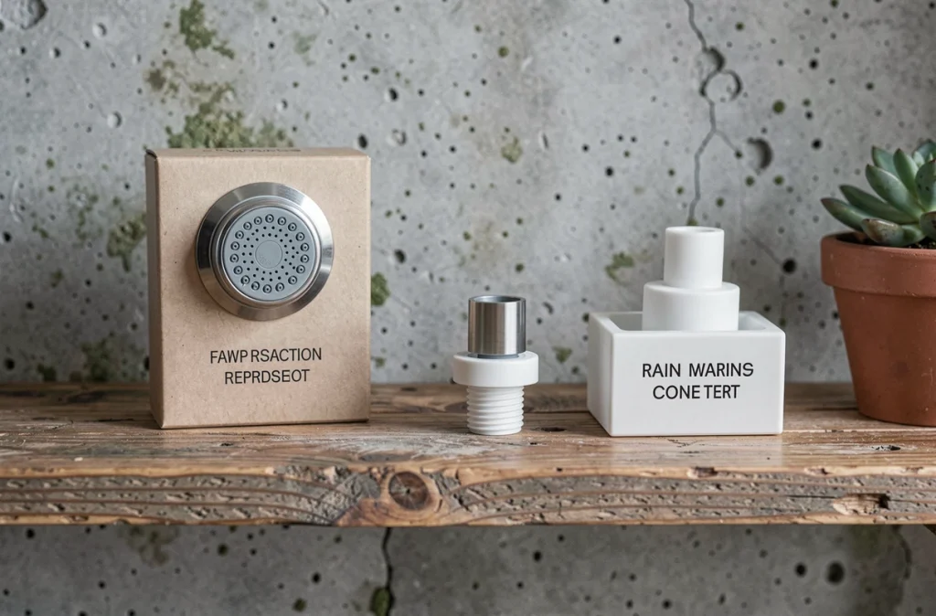Accessoires malins pour économiser l'eau disposés sur une étagère en bois dans un intérieur écologique