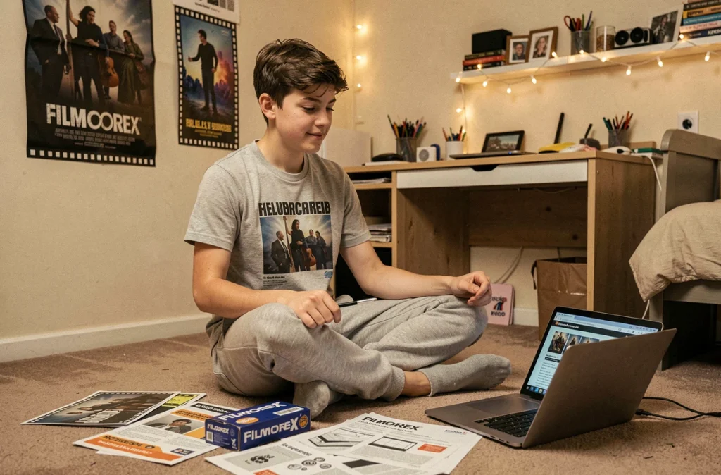 Adolescent planifiant sa décoration chambre cinéma avec des stickers Filmorex et son ordinateur portable