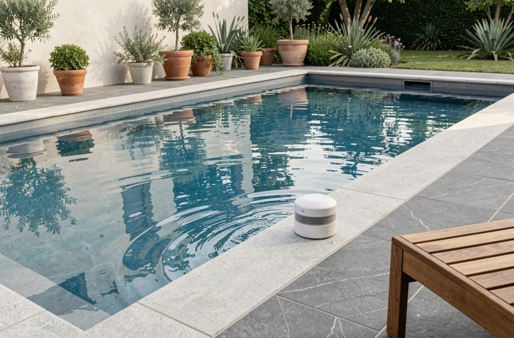 Alarme de piscine installée sur le bord d'une piscine moderne avec eau bleue et terrasse en pierre