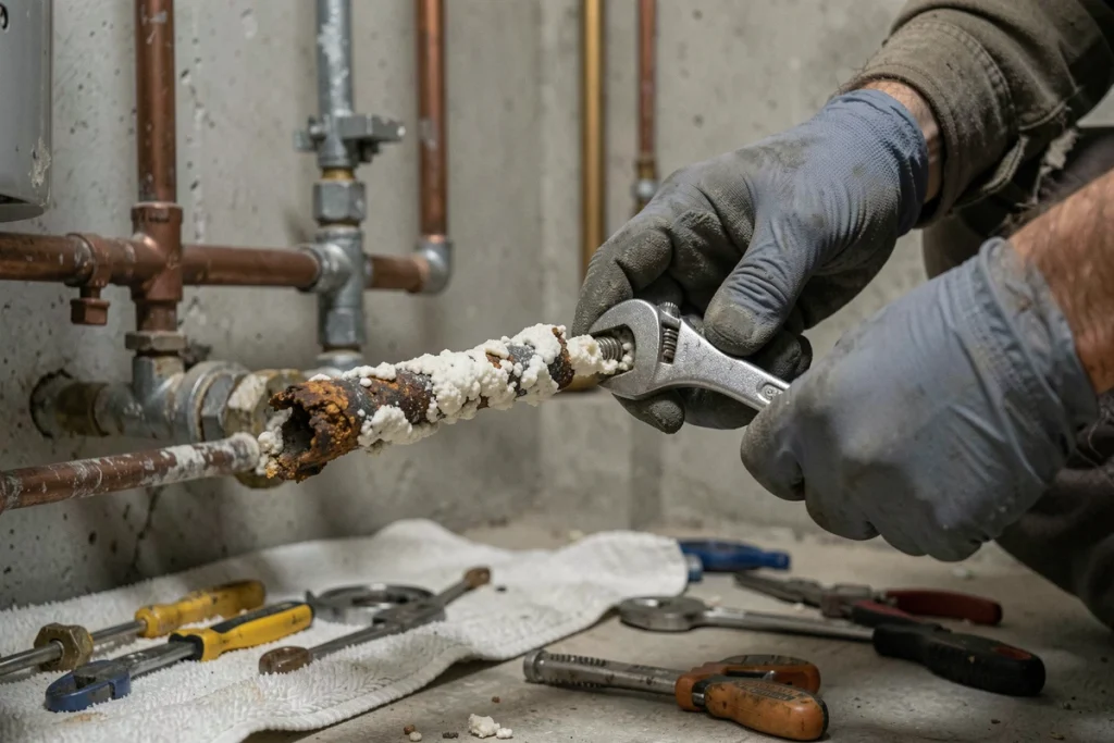 Gros plan sur l'extraction d'une anode magnésium corrodée d'un chauffe-eau lors d'un entretien