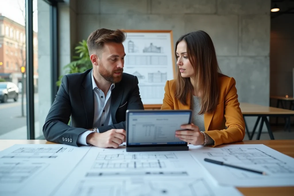 Architecte et client discutant de documents de permis de construire et de plans autour d'une table dans une agence moderne
