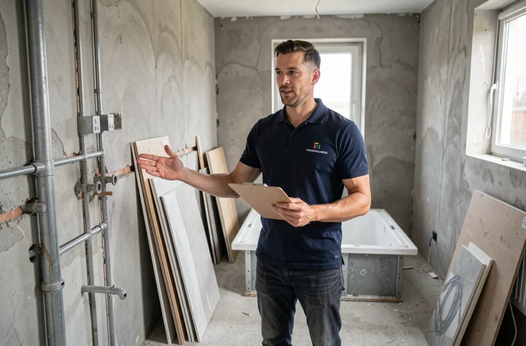 Artisan professionnel évaluant les travaux de rénovation dans une salle de bain en chantier avec un devis sur clipboard