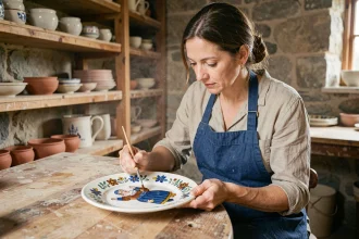 Artisane de la faïencerie Henriot Quimper peignant à la main des motifs bretons traditionnels sur une assiette en faïence blanche dans un atelier authentique