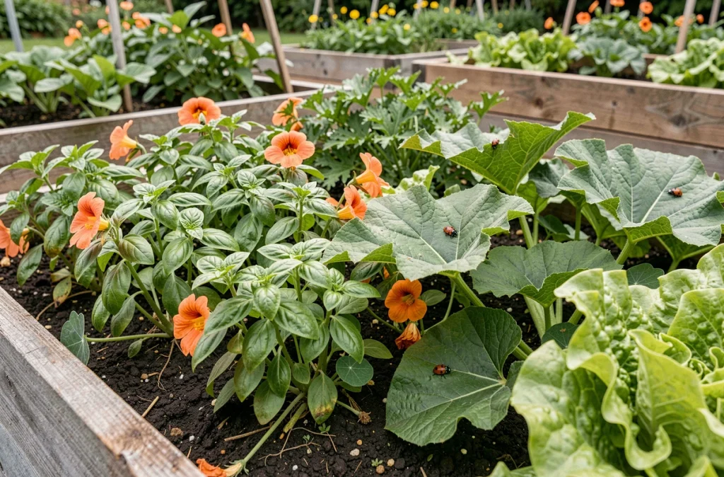 Associations de plantes compagnes avec basilic, capucines et laitues dans un potager naturel sans produits chimiques