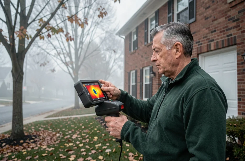 Auditeur énergétique utilisant une caméra thermique pour détecter les déperditions de chaleur sur la façade d'une maison