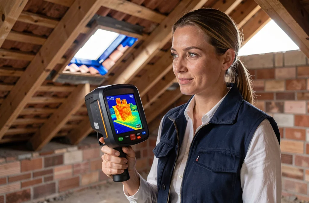 Auditrice énergétique utilisant une caméra thermique pour détecter les ponts thermiques dans des combles non isolés