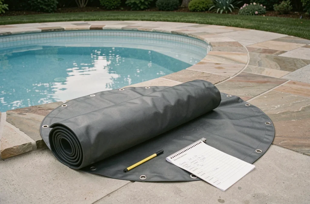 Bâche sur mesure de forme ronde pour piscine posée à côté d'une fiche de calcul de surface en m2