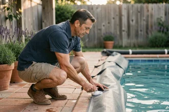 Homme installant une bâche solaire sur une piscine pour réduire l'évaporation de l'eau