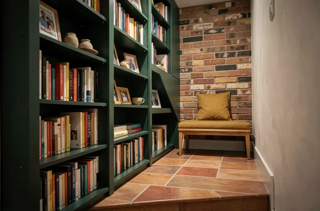 Bibliothèque sur mesure intégrée sous un escalier avec étagères vertes, banc rembourré et mur en briques apparentes