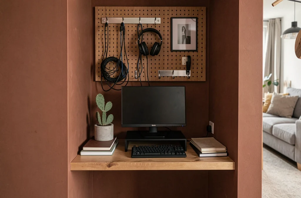 Bureau minimaliste en chêne aménagé sous un escalier dans un studio avec mur couleur argile et tableau perforé de rangement