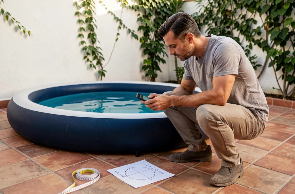 Homme calculant la surface en m2 d'une piscine ronde gonflable avec une formule mathématique pour choisir une bâche étanche adaptée