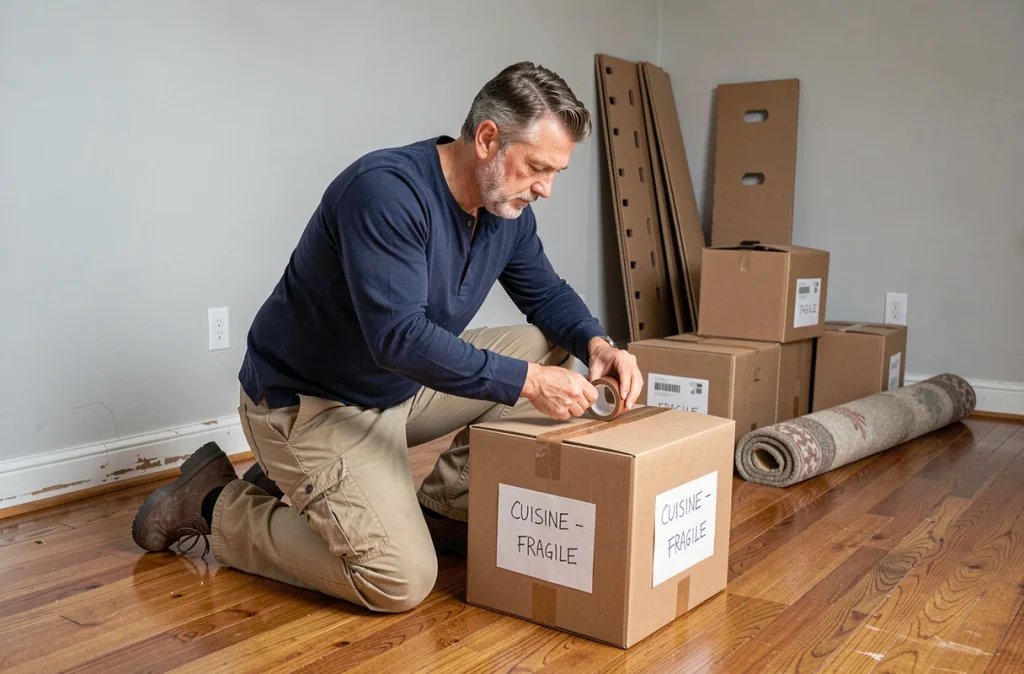 Homme scellant des cartons étiquetés dans un salon vide lors d'un déménagement organisé