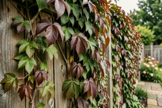 Clôture en bois recouverte de plantes grimpantes lierre et vigne vierge pour créer une haie naturelle et une intimité dans un jardin