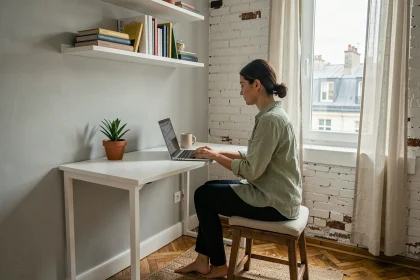 Jeune femme travaillant dans un coin bureau aménagé dans un petit appartement parisien avec bureau blanc, étagères flottantes et parquet ancien