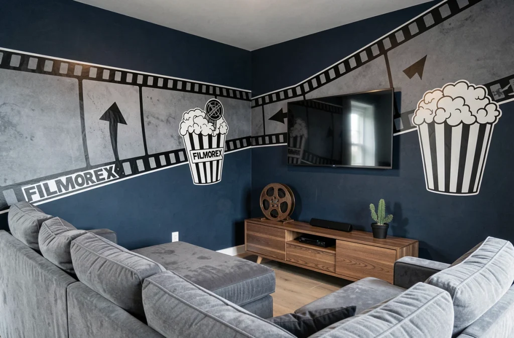 Coin cinéma maison décoré avec des stickers Filmorex sur mur bleu marine et console bois vintage