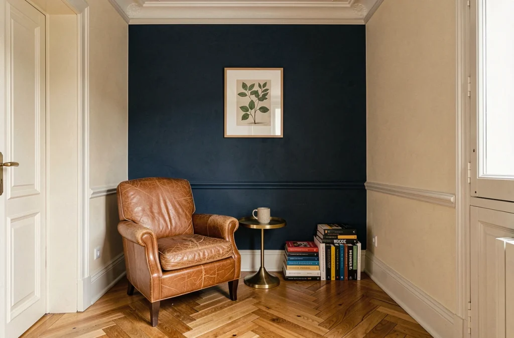 Coin lecture avec mur bleu marine et fauteuil en cuir caramel dans un appartement haussmannien chaleureux