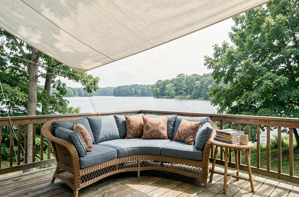 Coin lecture ombragé aménagé sur une terrasse en bois au bord d'un lac avec une voile d'ombrage et un canapé en rotin en été