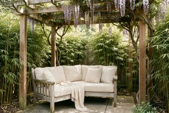 Coin ombragé aménagé sur une terrasse en été avec un lit de repos en teck et des coussins en lin crème sous une pergola couverte de glycine