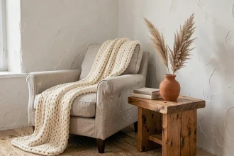 Coin salon cosy décoré avec des matières naturelles : plaid en laine tricotée, fauteuil en lin, table en chêne brut et pot en terre cuite avec herbes de la pampa
