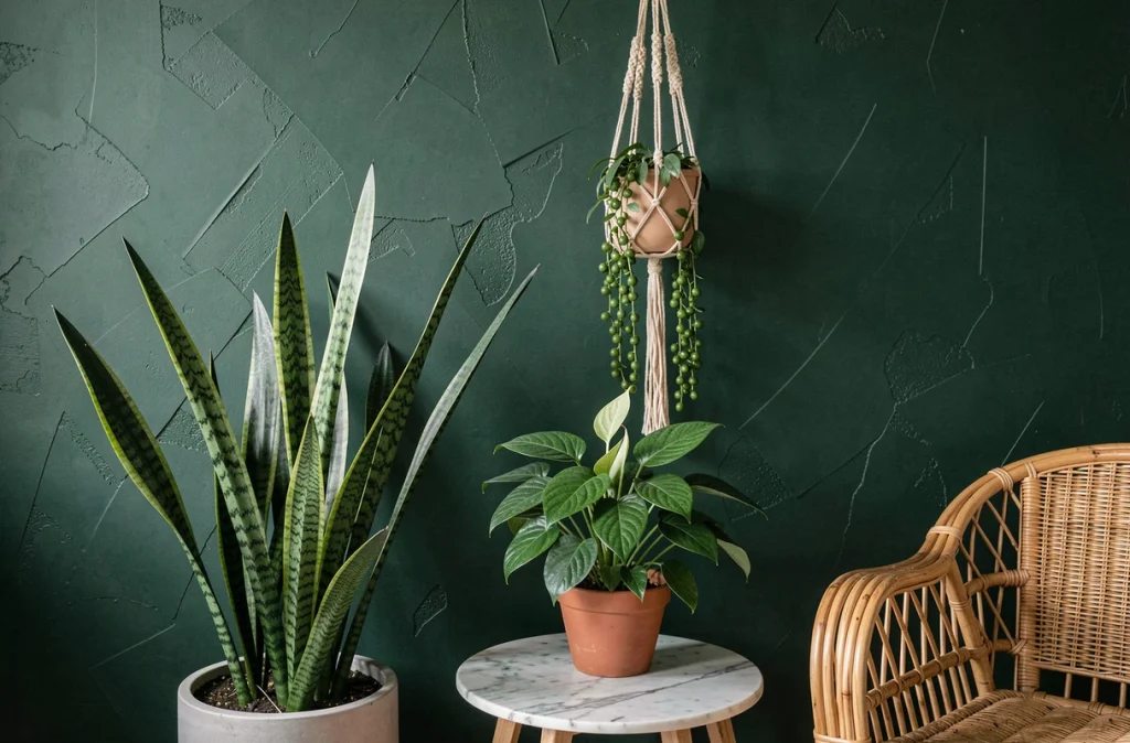 Coin salon décoré de plantes variées dont un sansevieria et un string of pearls dans un appartement urbain
