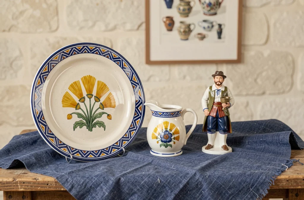 Collection de pièces en faïence Henriot Quimper avec décors bretons traditionnels peints à la main, présentée sur une table en chêne avec tissu breton