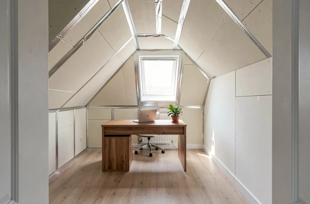 Combles aménagés en bureau à domicile après isolation thermique complète avec panneaux de mousse rigide sous rampants