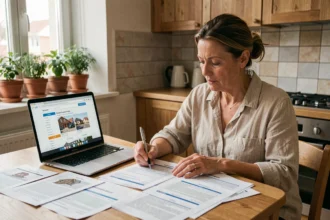 Femme comparant des devis de travaux de salle de bain à la maison avec des documents imprimés et un ordinateur portable