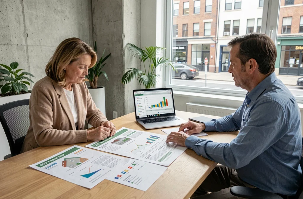 Couple consultant un conseiller en rénovation énergétique autour d'un rapport de simulation DPE dans un bureau moderne