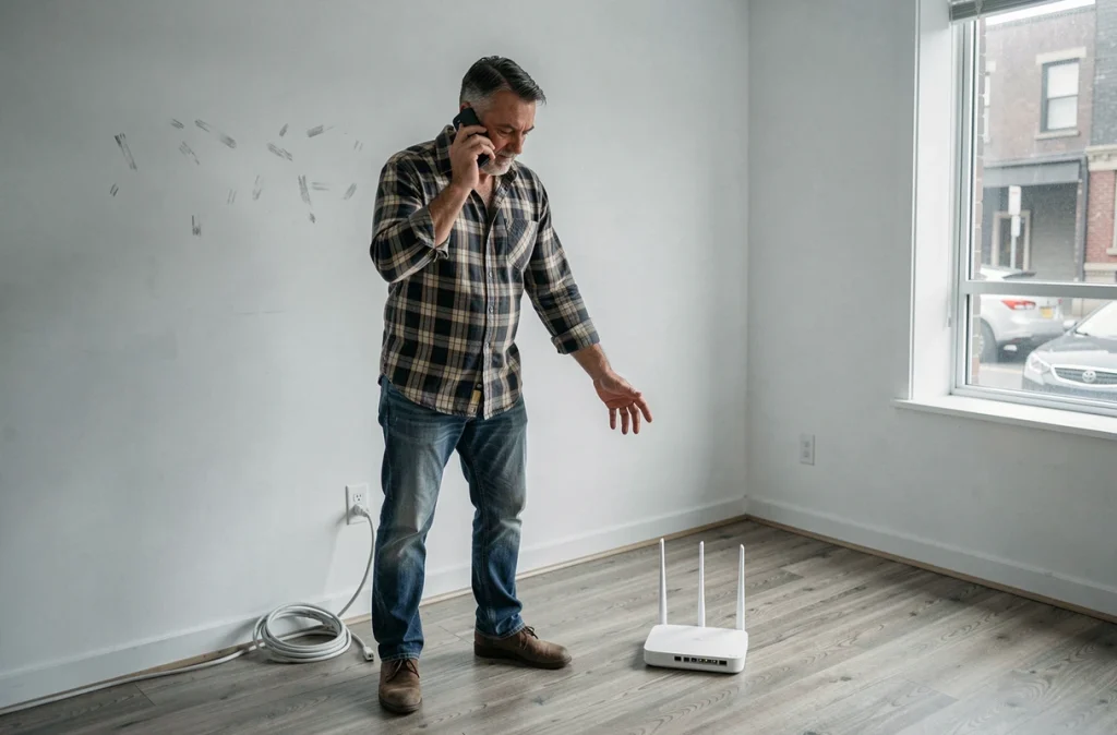 Homme au téléphone avec son fournisseur internet dans un appartement vide lors d'un déménagement avec un routeur déconnecté au sol