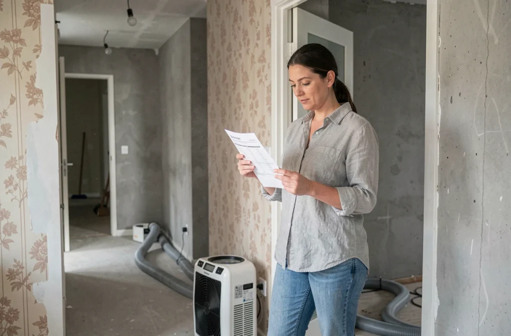 Femme vérifiant la qualité de l'air et la ventilation dans un couloir en travaux de rénovation