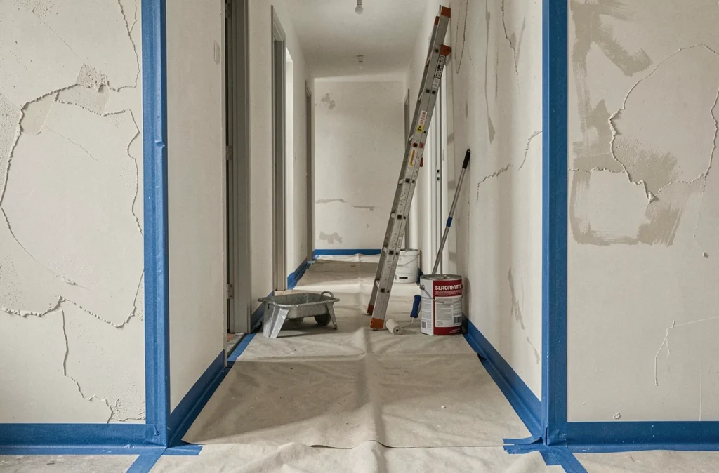 Couloir d'appartement entièrement protégé avec bâches et ruban de masquage avant travaux de peinture