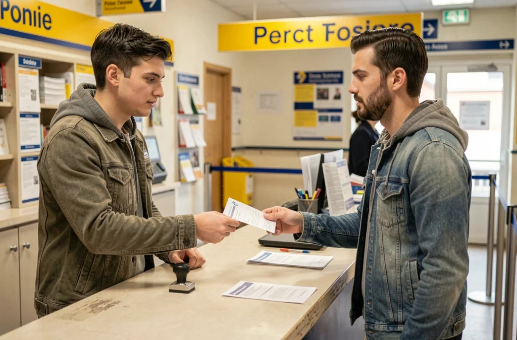 Couple effectuant une demande de réexpédition du courrier au guichet d'un bureau de poste lors d'un changement d'adresse