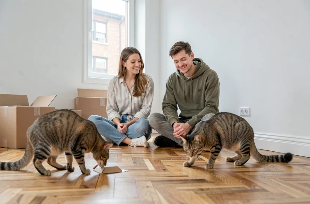 Couple et leurs deux chats explorant un nouvel appartement vide après un déménagement