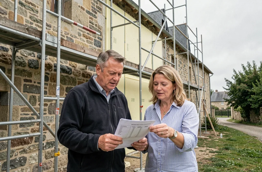 Couple de propriétaires examinant des devis devant leur maison en cours de rénovation thermique avec isolation extérieure