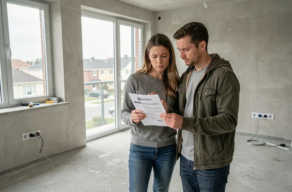 Couple consultant un document d'installation internet dans leur nouvel appartement vide après un déménagement
