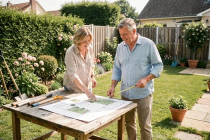 Couple planifiant l'emplacement de leur piscine dans un jardin résidentiel avec un plan sur table