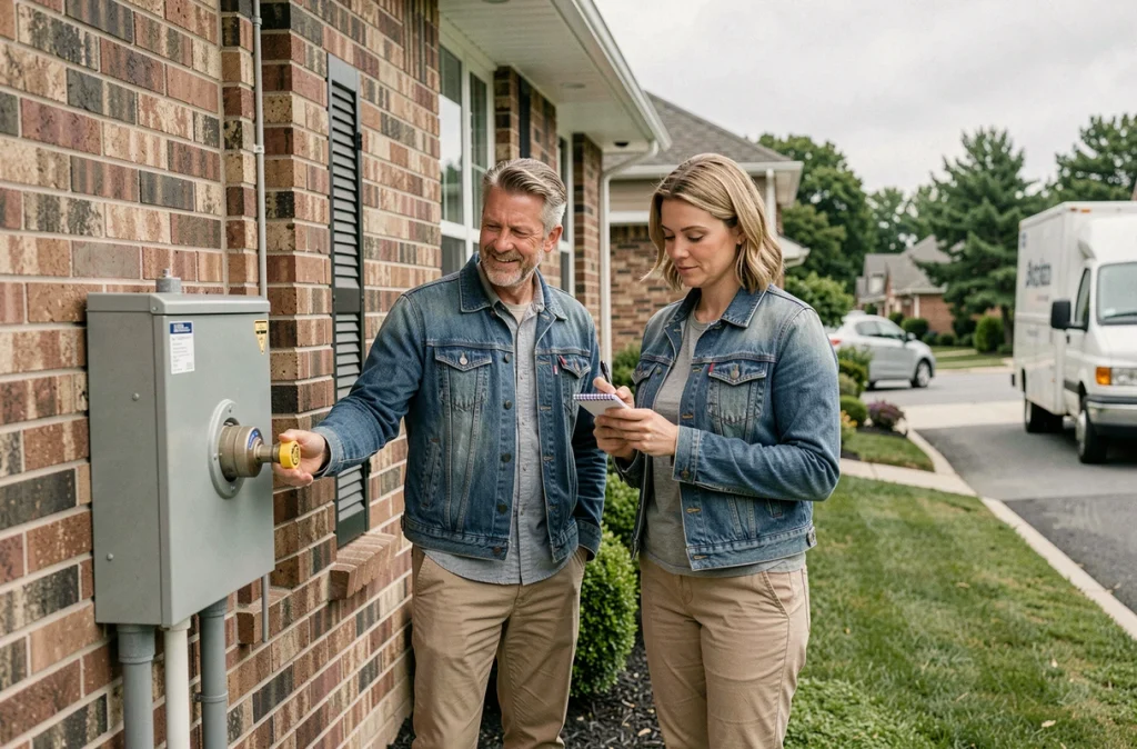 Couple vérifiant le robinet d'arrêt d'eau principal à l'extérieur de leur nouvelle maison lors de l'emménagement