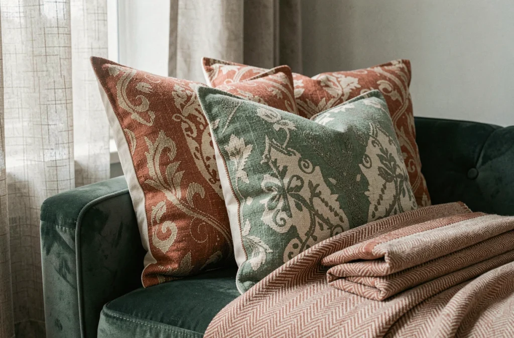 Détail de coussins en jacquard à motifs sur un fauteuil en velours dans un salon de style scandinave