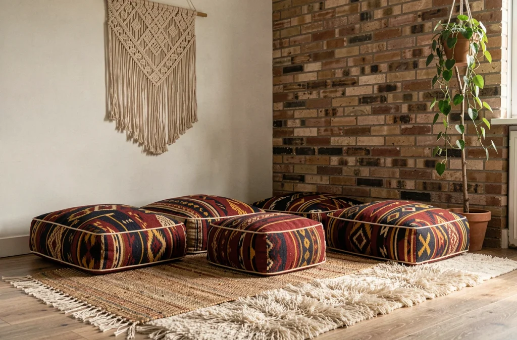 Coussins de sol et poufs à motifs kilim marocains dans un coin salon bohème avec tapis superposés