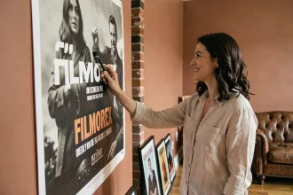 Femme appliquant un sticker mural cinéma Filmorex dans un salon décoré de style cinéphile