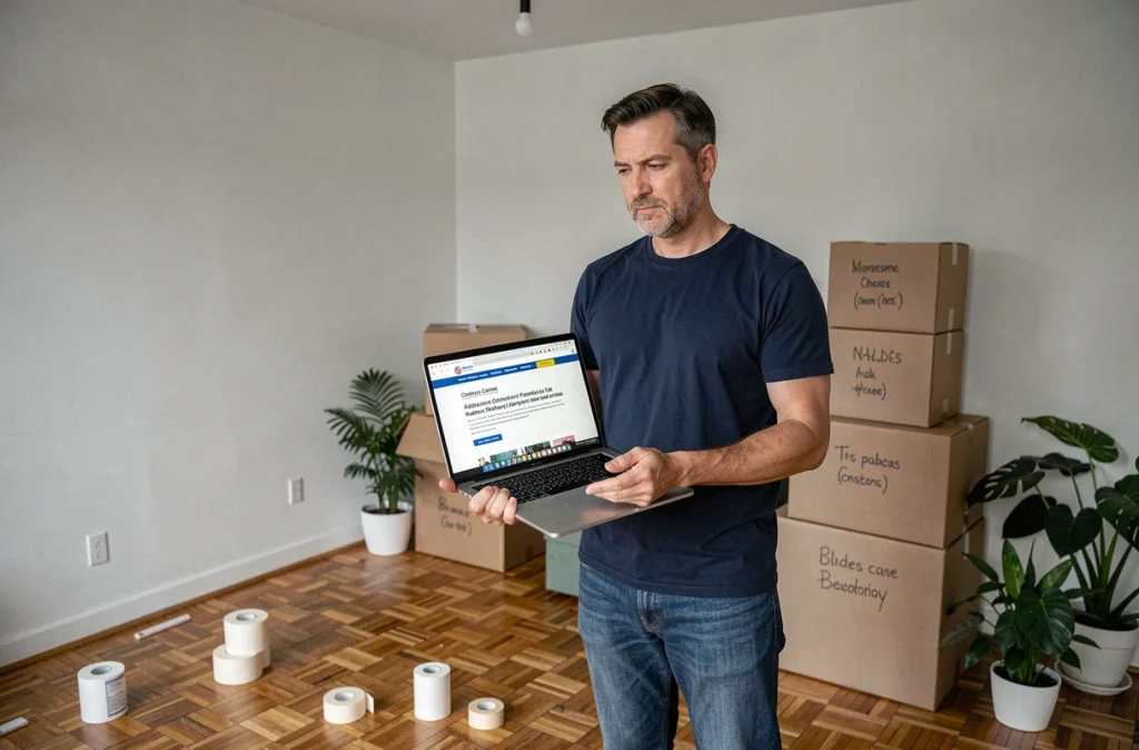 Homme consultant un site gouvernemental sur un ordinateur portable pour ses démarches de changement d'adresse lors d'un déménagement