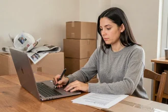 Femme effectuant les démarches de transfert d'abonnement internet sur son ordinateur portable entourée de cartons de déménagement