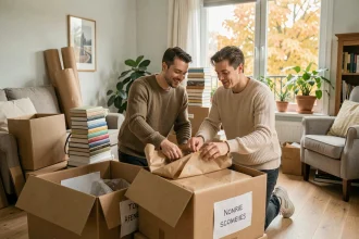 Couple en train d'emballer des cartons pour un déménagement en automne dans un salon lumineux avec vue sur des feuilles dorées
